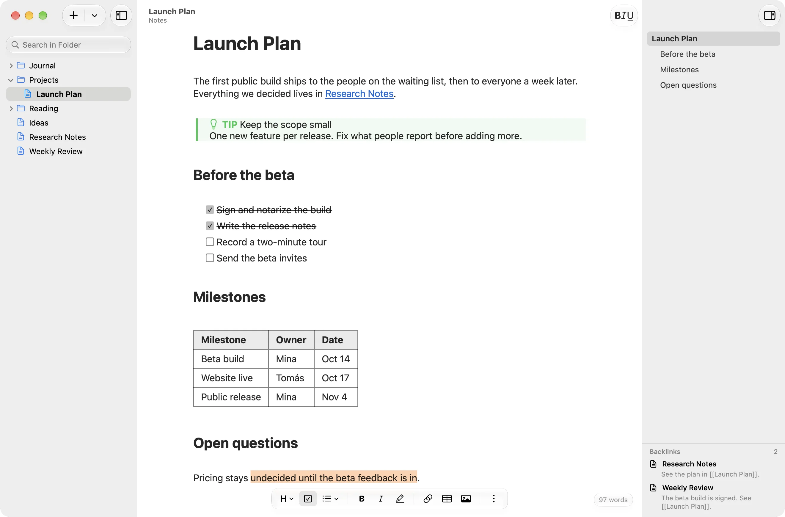 A Folra window: the folder on the left, a document with a to-do list and a table in the middle, its outline and backlinks on the right.