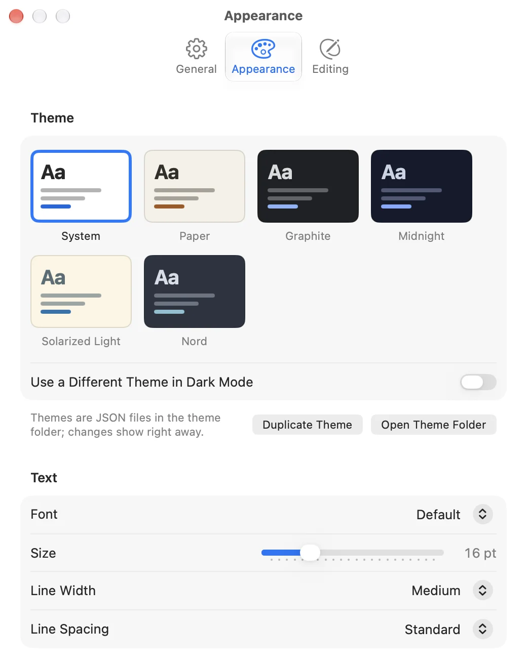 The theme settings with six themes.